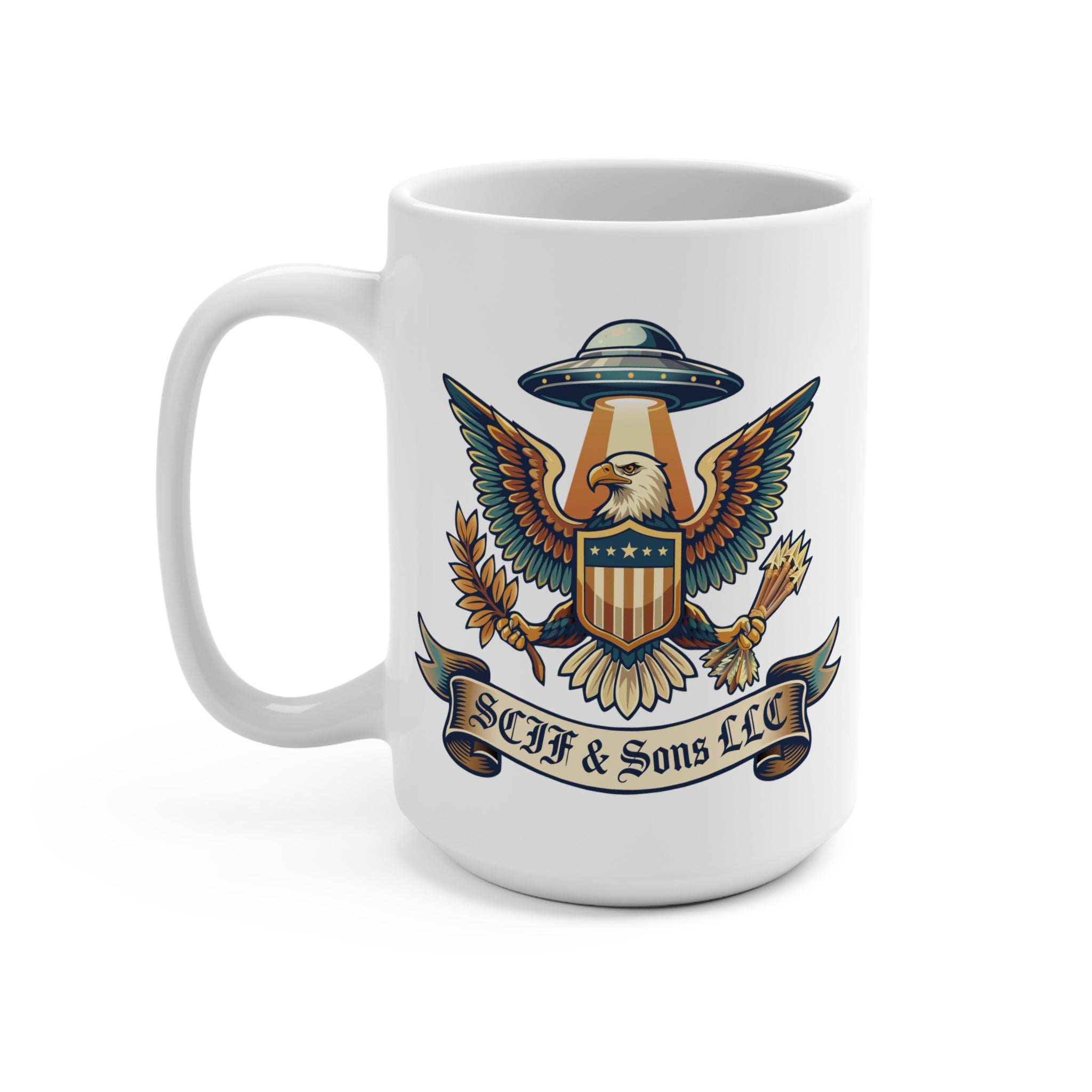 SCIF & Sons LLC Eagle & UFO 15 oz Coffee Mug – Patriotic Military-Inspired Ceramic Cup