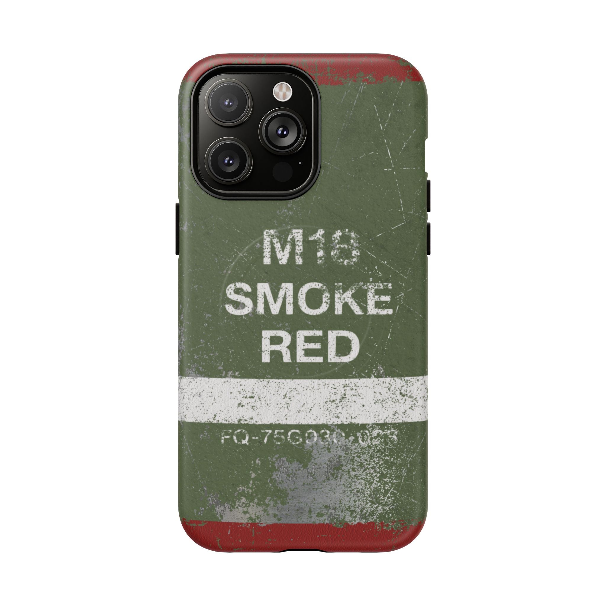 MagSafe® Compatible Distressed M18 Smoke Red Magnetic Phone Case — Military Green Weathered Design