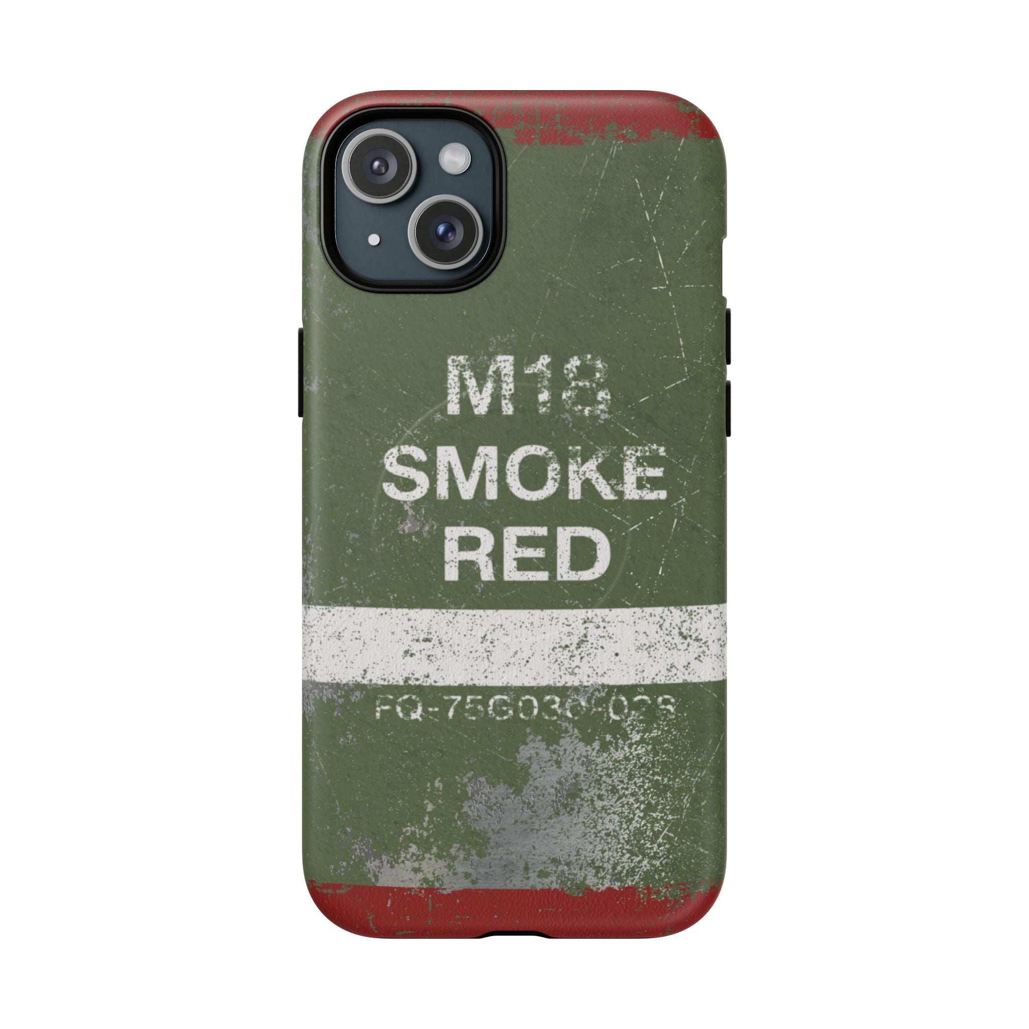MagSafe® Compatible Distressed M18 Smoke Red Magnetic Phone Case — Military Green Weathered Design