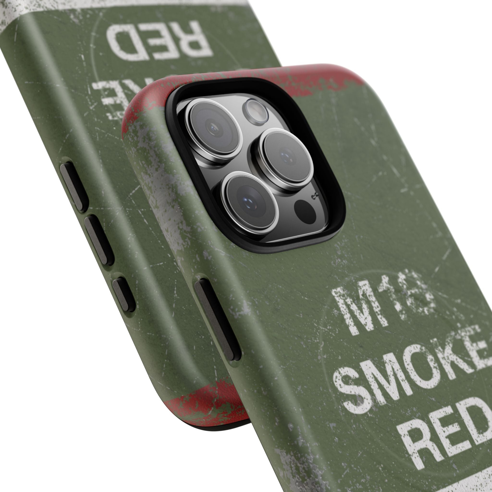MagSafe® Compatible Distressed M18 Smoke Red Magnetic Phone Case — Military Green Weathered Design