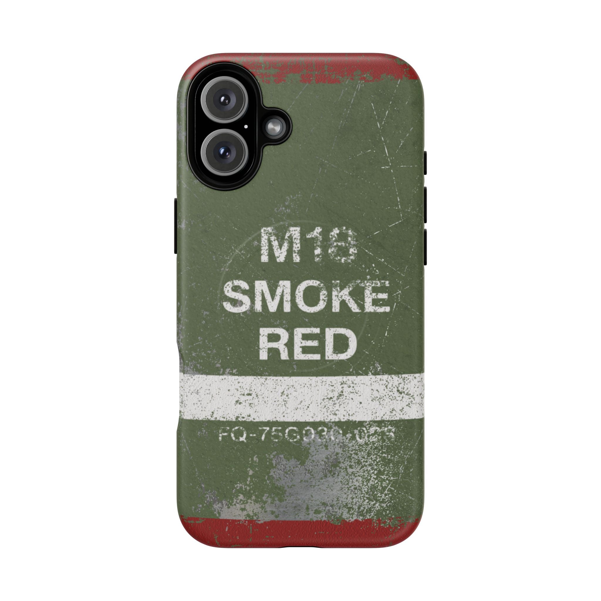 MagSafe® Compatible Distressed M18 Smoke Red Magnetic Phone Case — Military Green Weathered Design