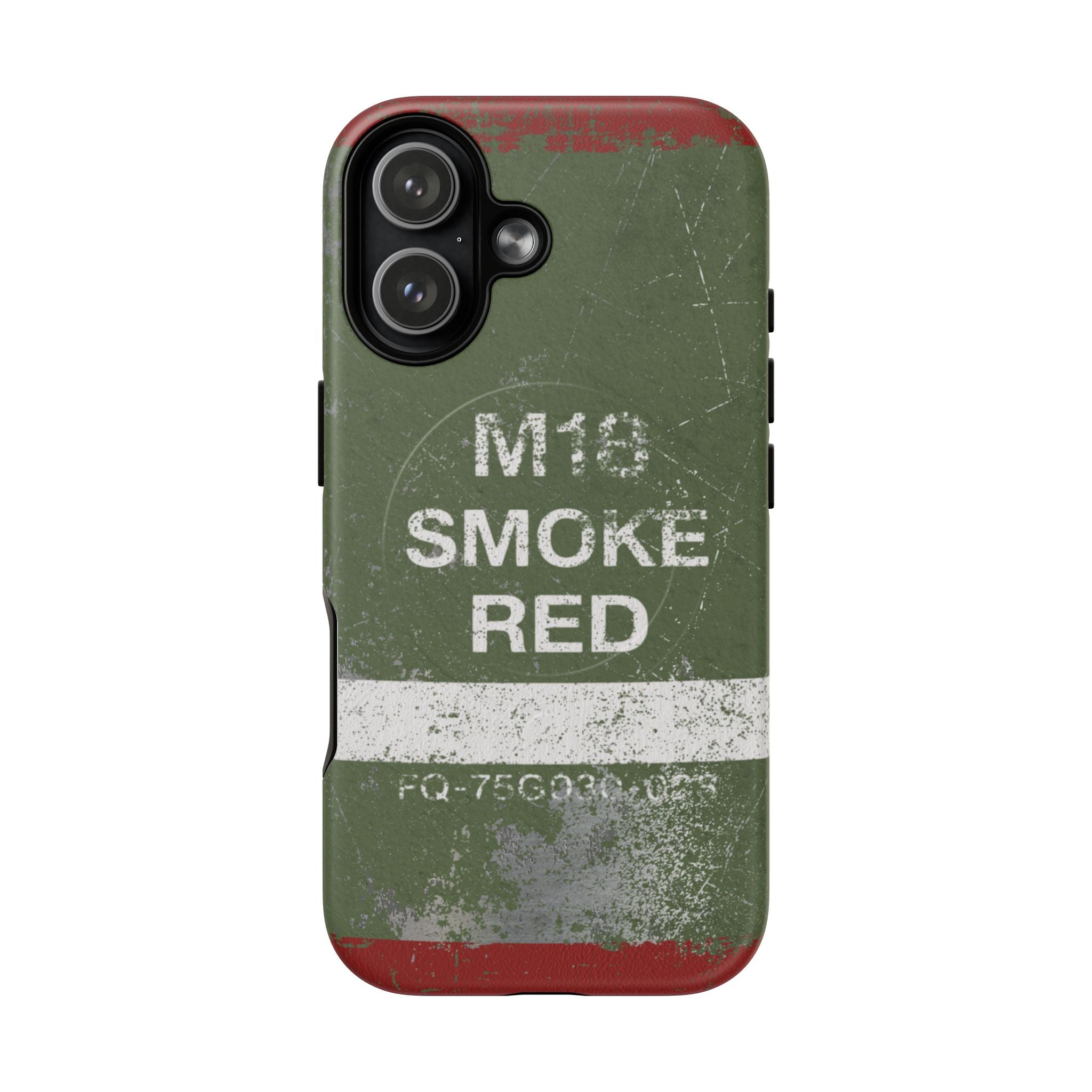 MagSafe® Compatible Distressed M18 Smoke Red Magnetic Phone Case — Military Green Weathered Design