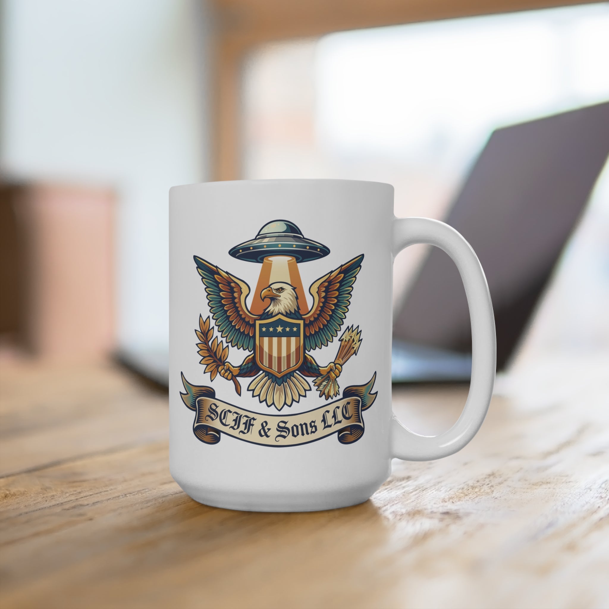 SCIF & Sons LLC Eagle & UFO 15 oz Coffee Mug – Patriotic Military-Inspired Ceramic Cup