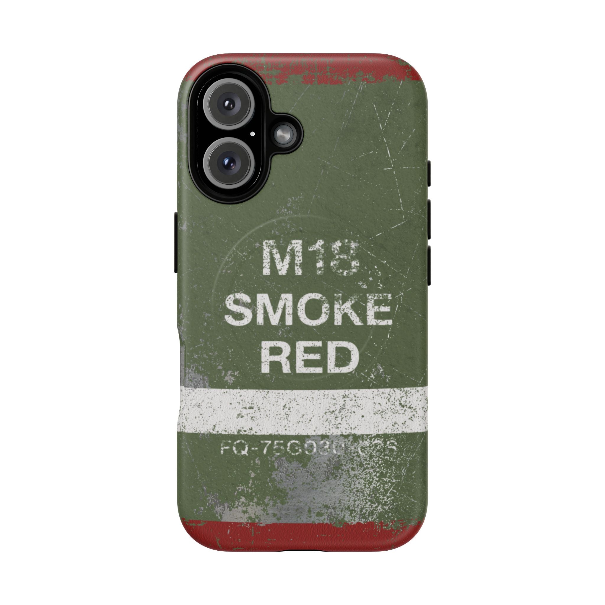 MagSafe® Compatible Distressed M18 Smoke Red Magnetic Phone Case — Military Green Weathered Design