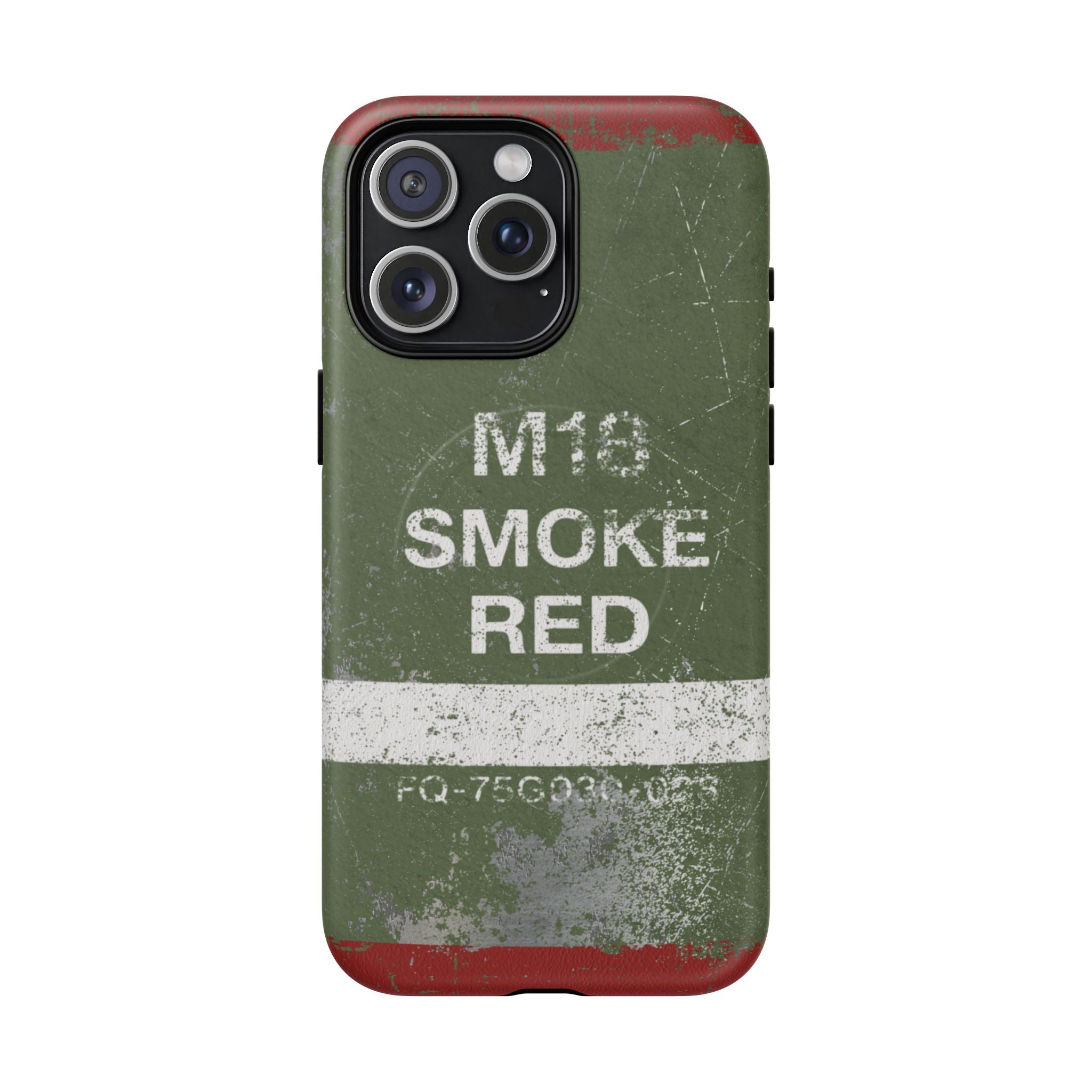 MagSafe® Compatible Distressed M18 Smoke Red Magnetic Phone Case — Military Green Weathered Design