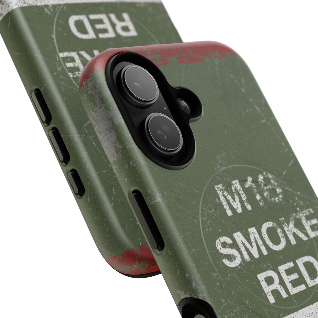 MagSafe® Compatible Distressed M18 Smoke Red Magnetic Phone Case — Military Green Weathered Design