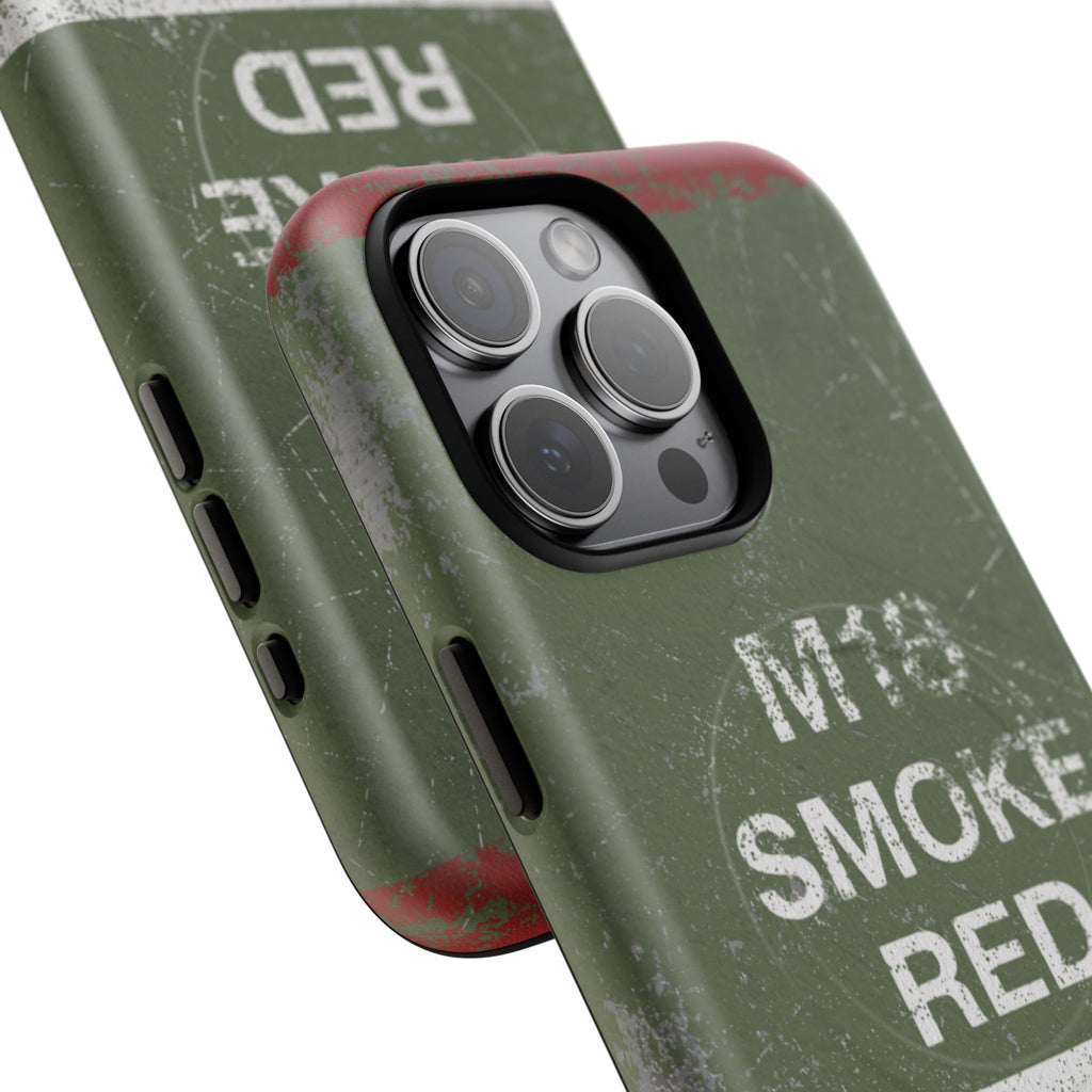 MagSafe® Compatible Distressed M18 Smoke Red Magnetic Phone Case — Military Green Weathered Design