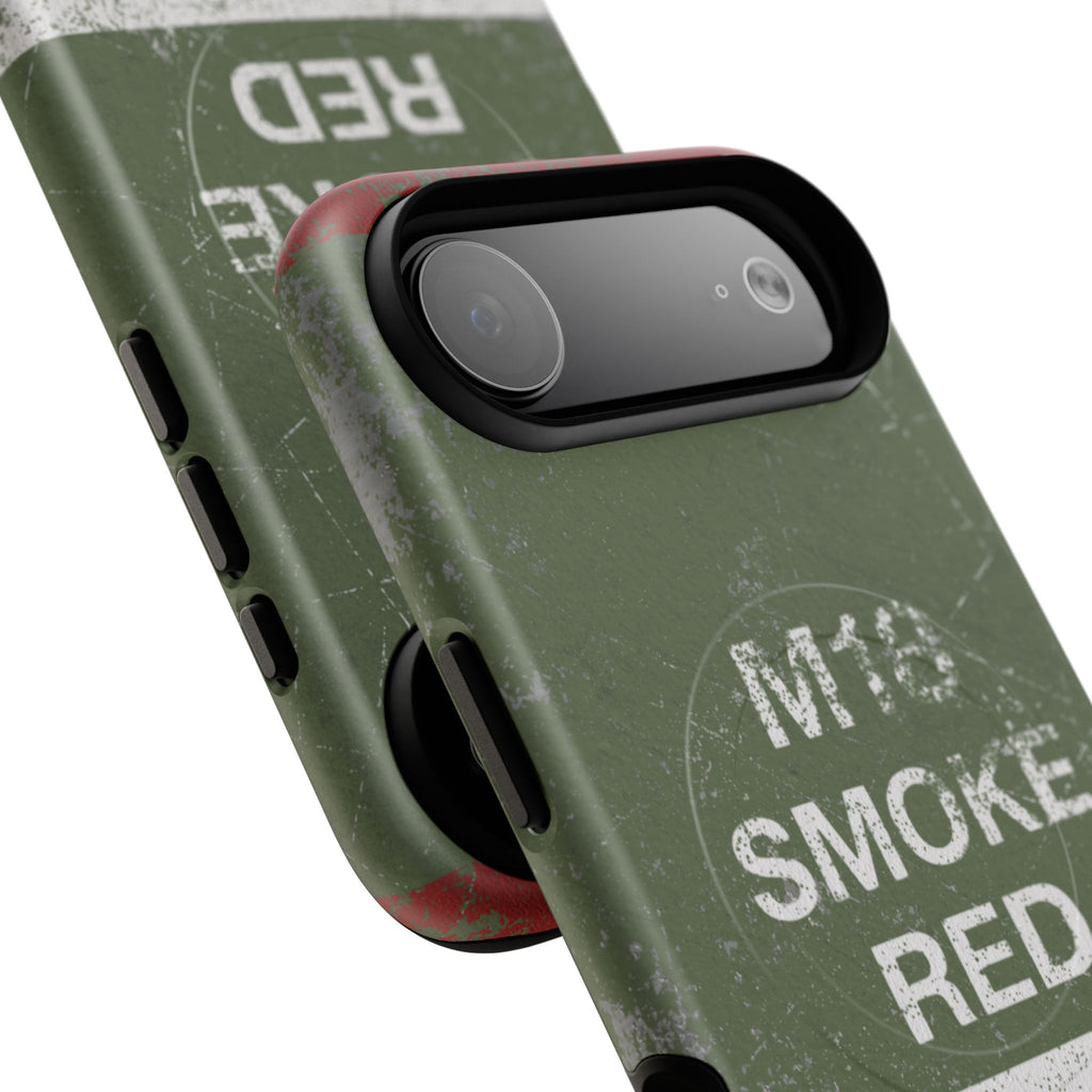 MagSafe® Compatible Distressed M18 Smoke Red Magnetic Phone Case — Military Green Weathered Design