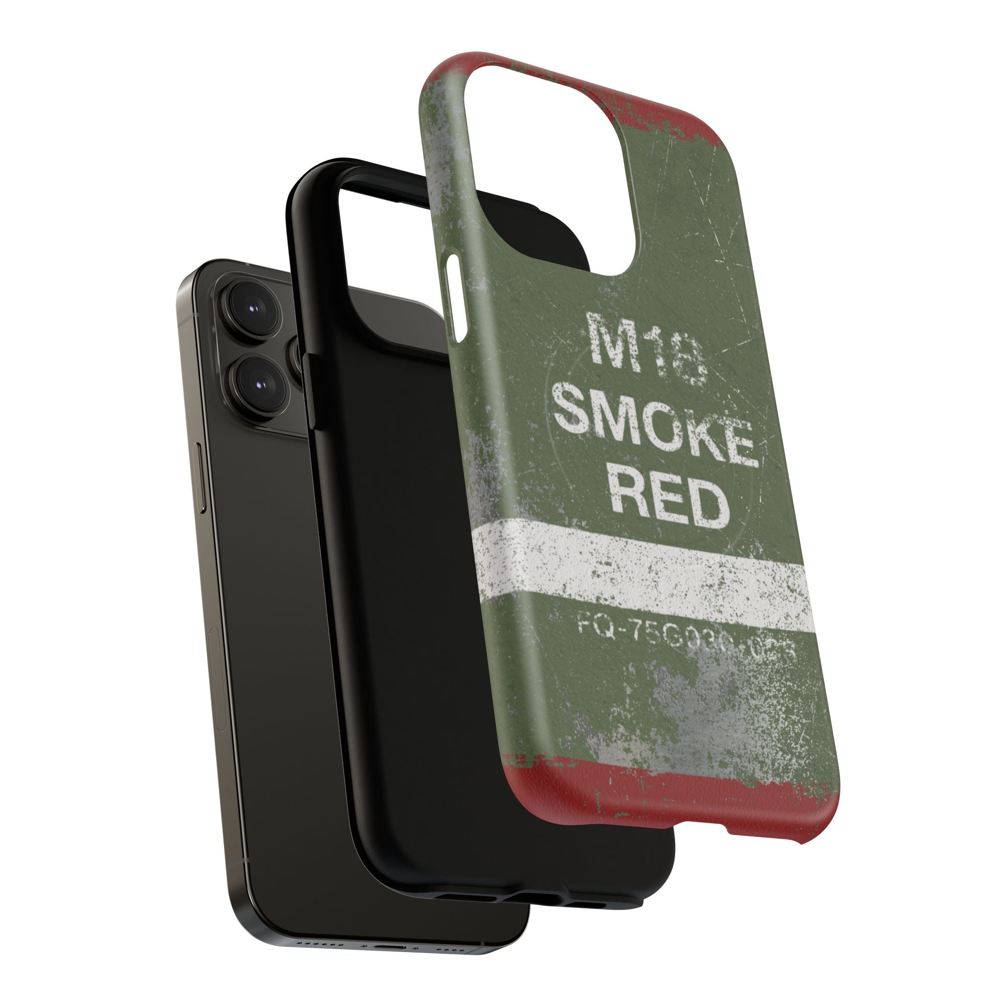 MagSafe® Compatible Distressed M18 Smoke Red Magnetic Phone Case — Military Green Weathered Design