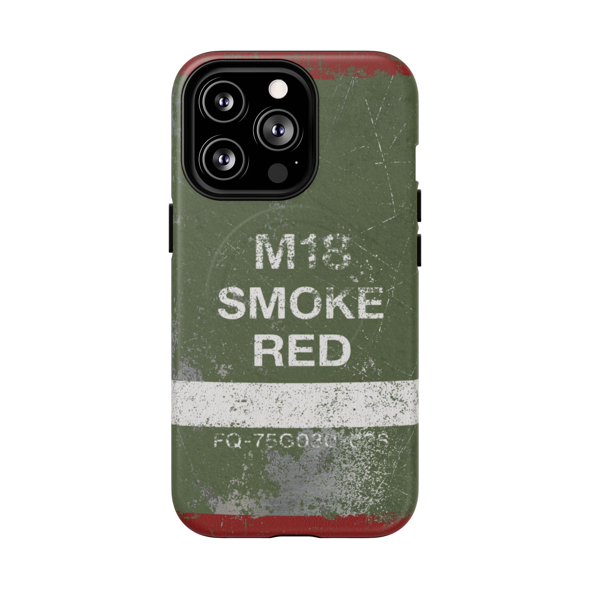 MagSafe® Compatible Distressed M18 Smoke Red Magnetic Phone Case — Military Green Weathered Design