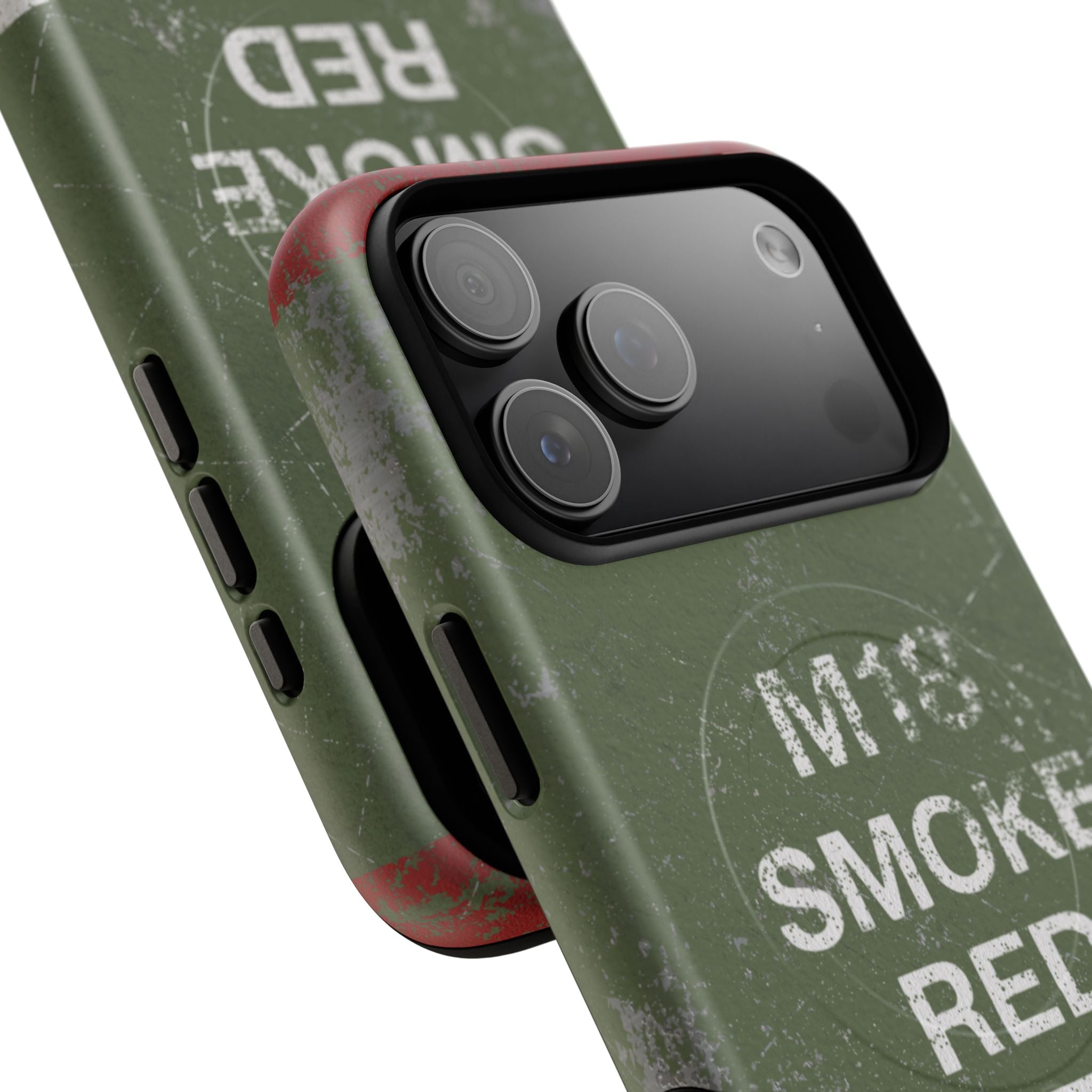 MagSafe® Compatible Distressed M18 Smoke Red Magnetic Phone Case — Military Green Weathered Design