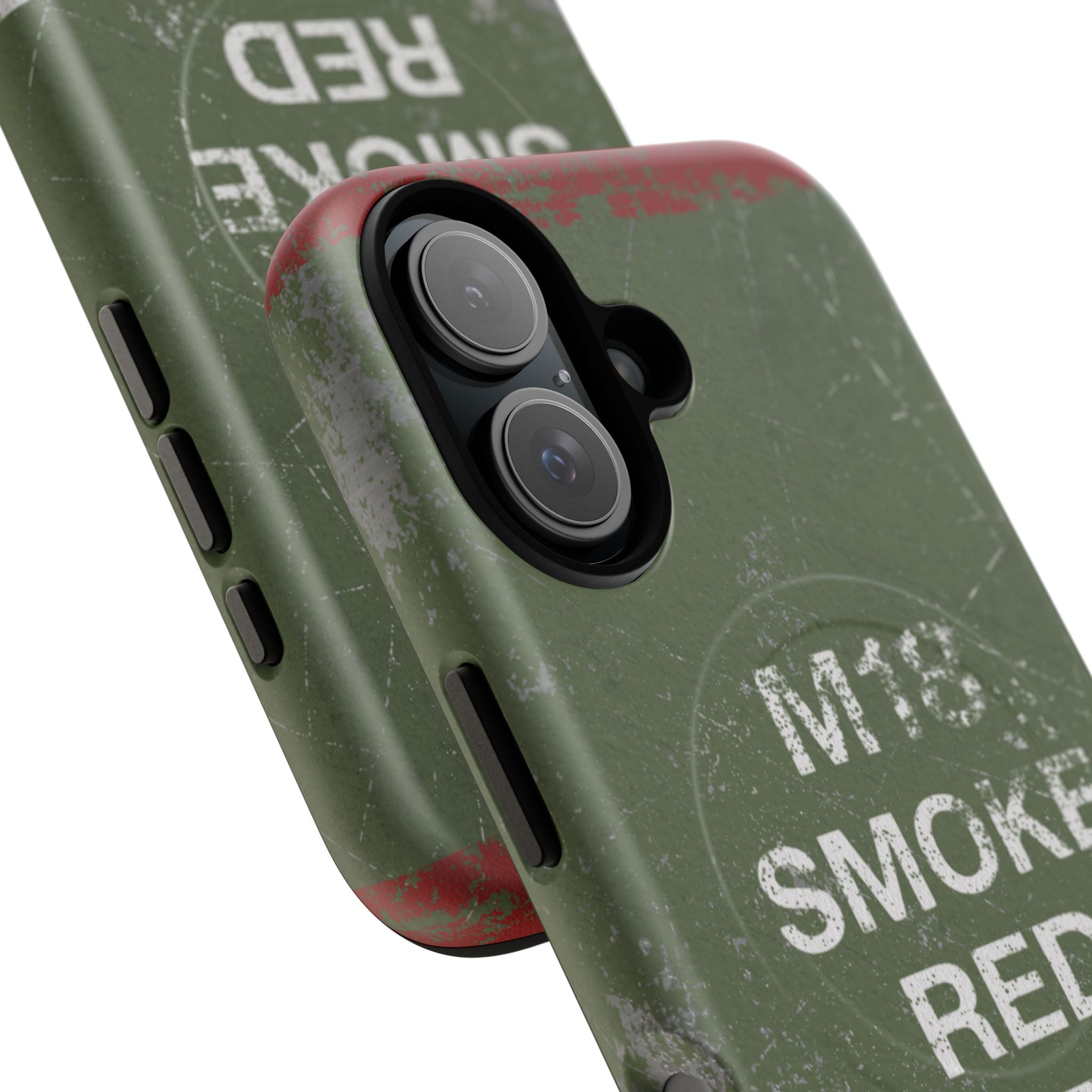 MagSafe® Compatible Distressed M18 Smoke Red Magnetic Phone Case — Military Green Weathered Design