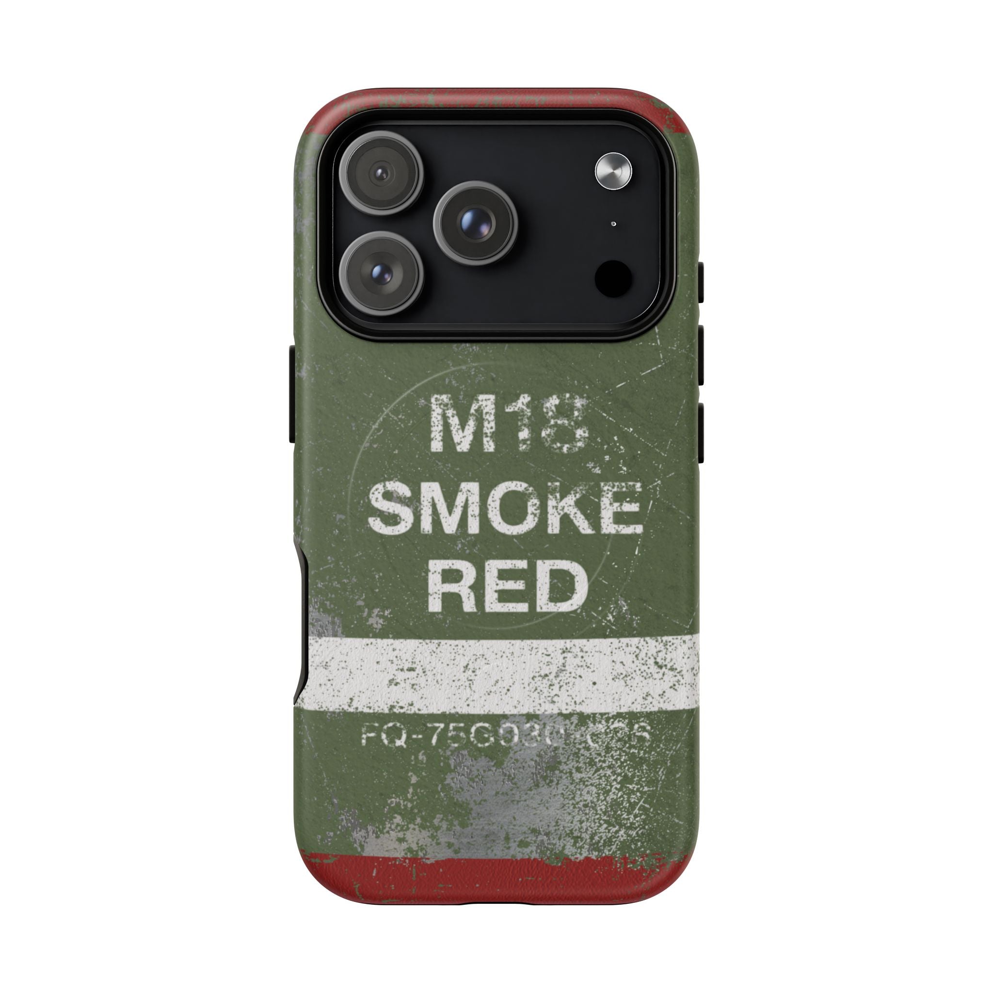 MagSafe® Compatible Distressed M18 Smoke Red Magnetic Phone Case — Military Green Weathered Design