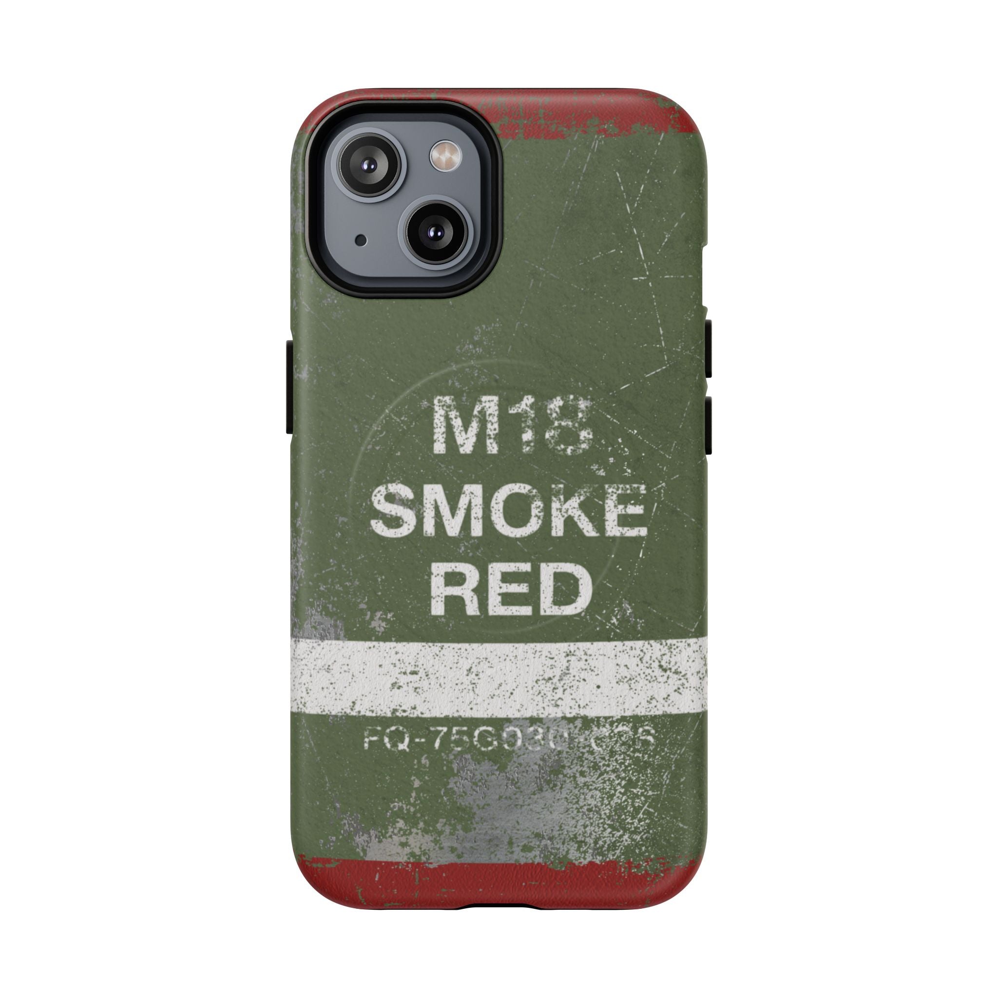MagSafe® Compatible Distressed M18 Smoke Red Magnetic Phone Case — Military Green Weathered Design