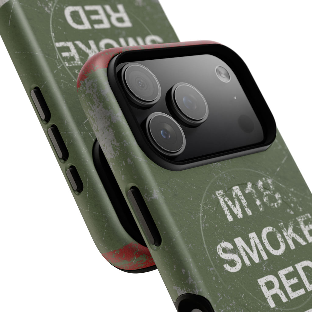 MagSafe® Compatible Distressed M18 Smoke Red Magnetic Phone Case — Military Green Weathered Design