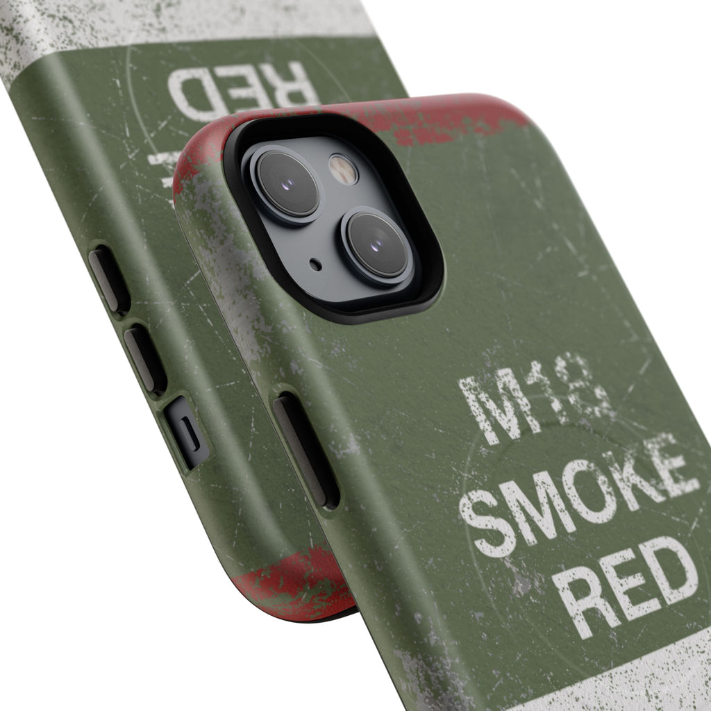 MagSafe® Compatible Distressed M18 Smoke Red Magnetic Phone Case — Military Green Weathered Design