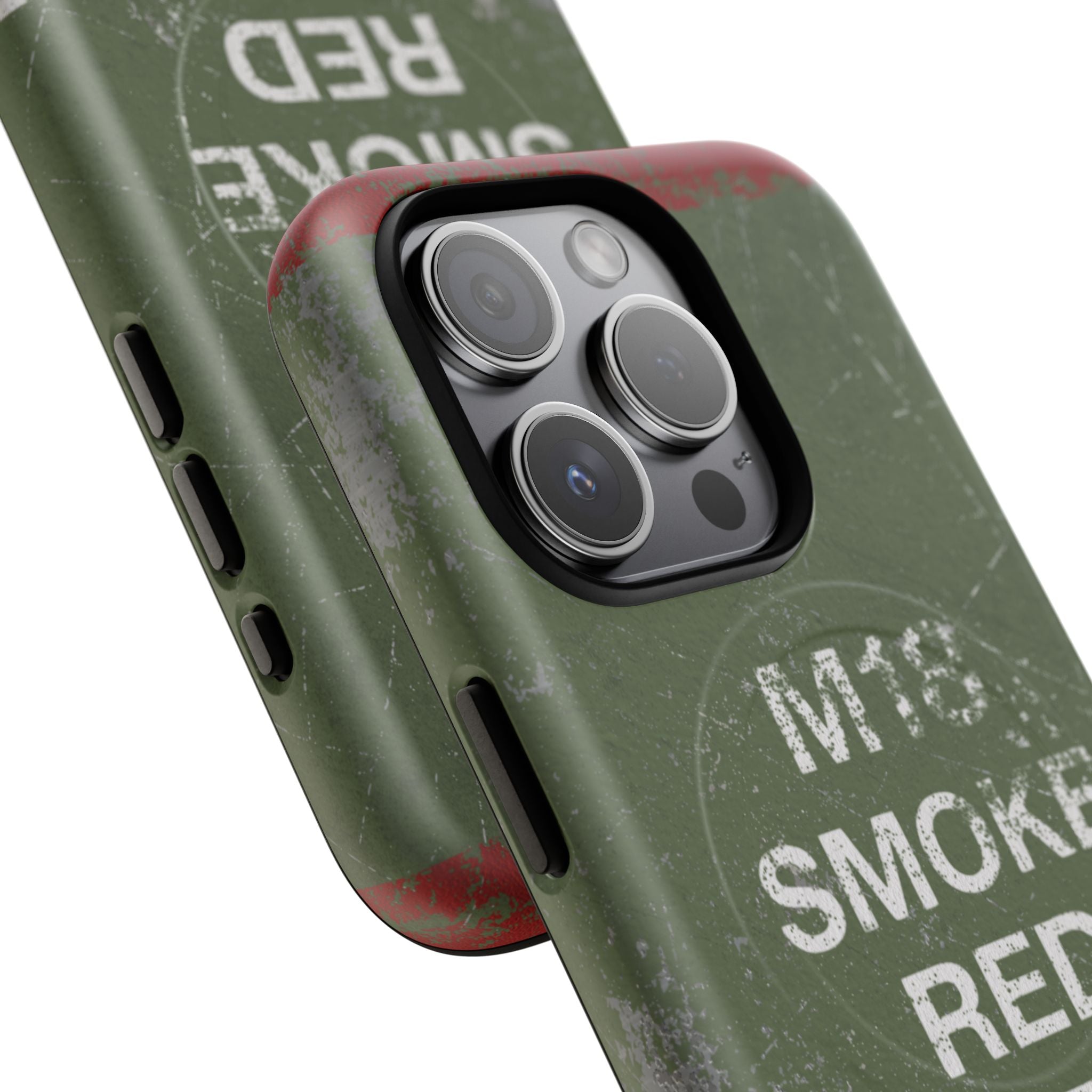 MagSafe® Compatible Distressed M18 Smoke Red Magnetic Phone Case — Military Green Weathered Design
