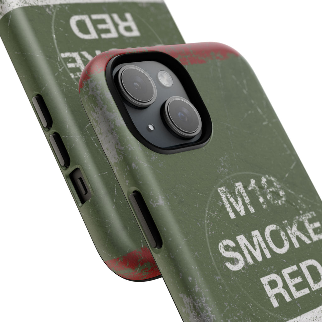MagSafe® Compatible Distressed M18 Smoke Red Magnetic Phone Case — Military Green Weathered Design