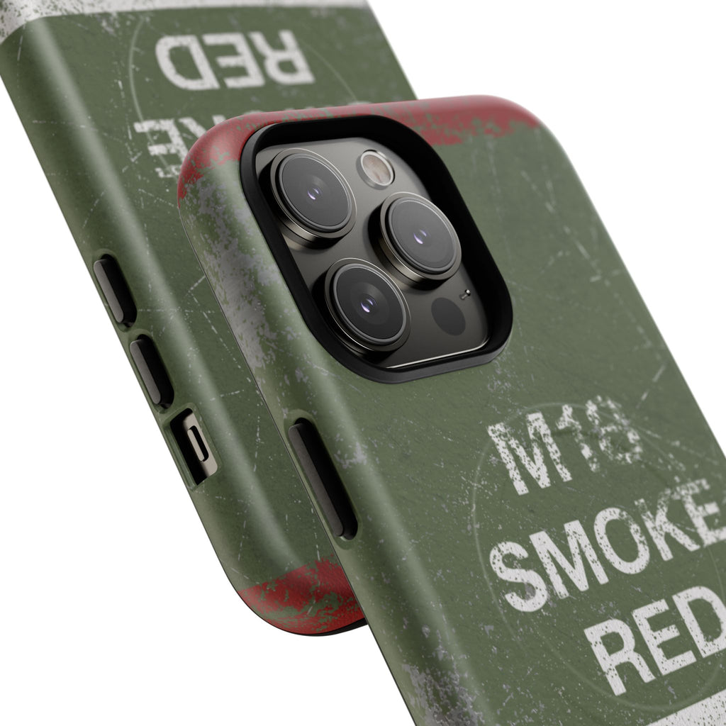 MagSafe® Compatible Distressed M18 Smoke Red Magnetic Phone Case — Military Green Weathered Design