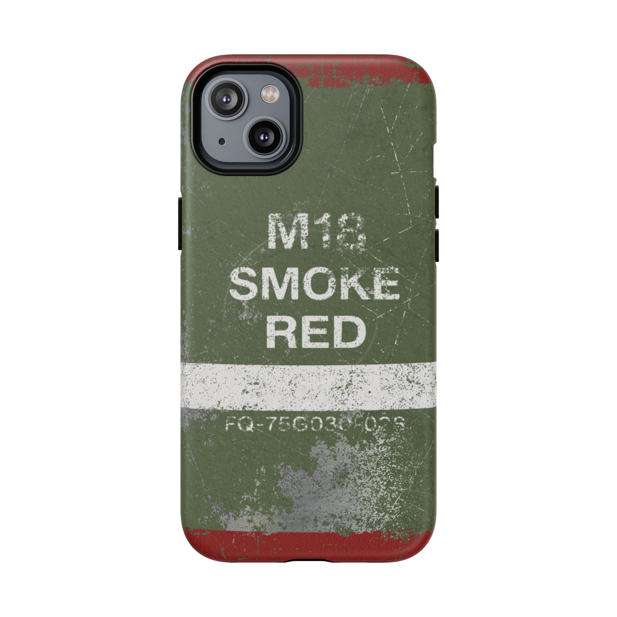 MagSafe® Compatible Distressed M18 Smoke Red Magnetic Phone Case — Military Green Weathered Design