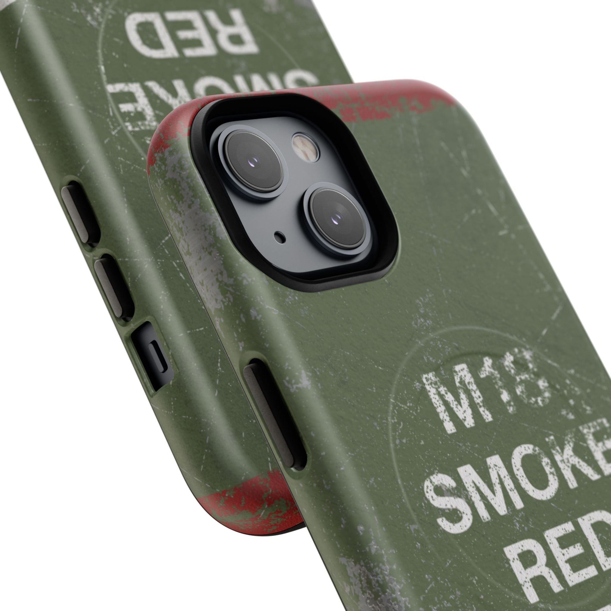 MagSafe® Compatible Distressed M18 Smoke Red Magnetic Phone Case — Military Green Weathered Design