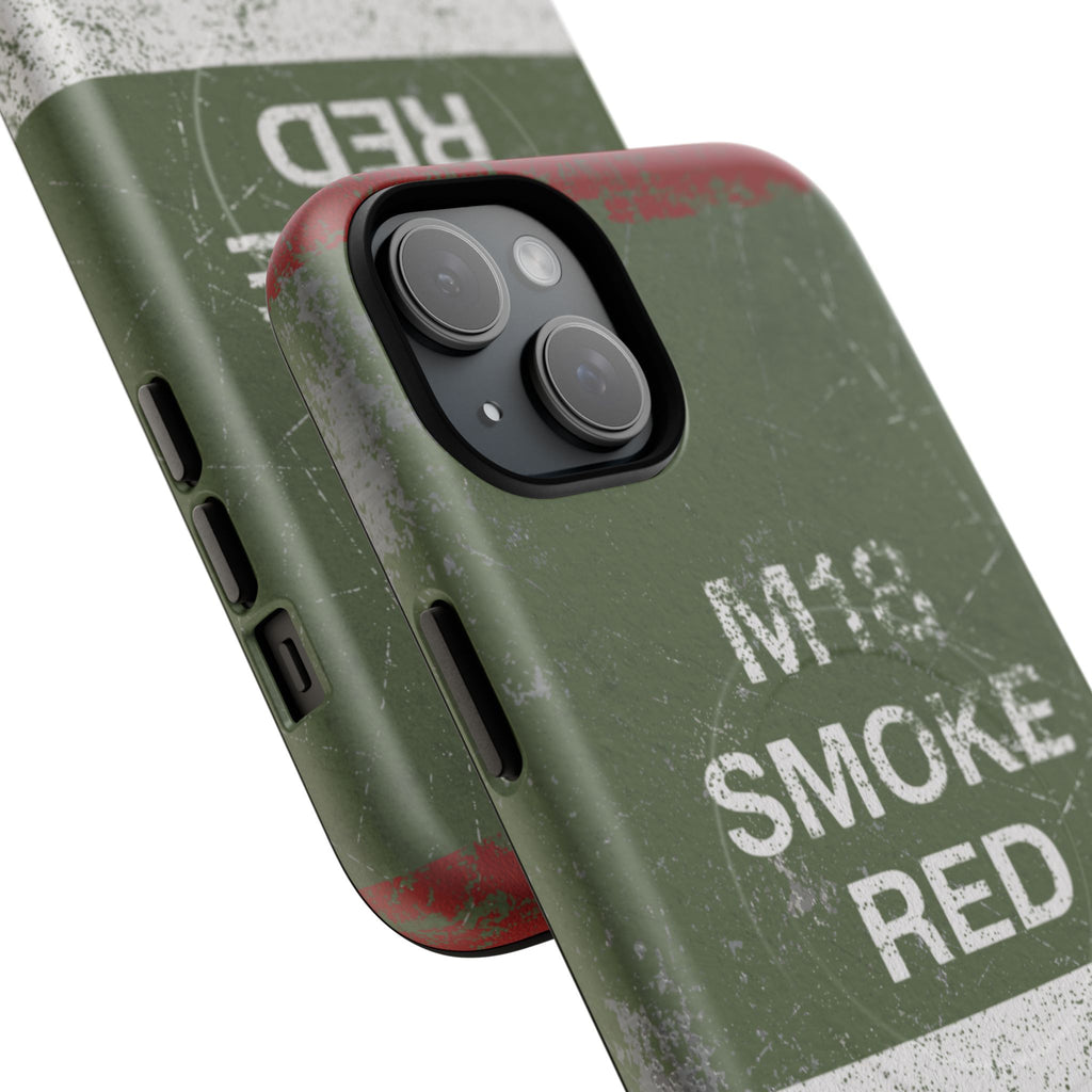 MagSafe® Compatible Distressed M18 Smoke Red Magnetic Phone Case — Military Green Weathered Design