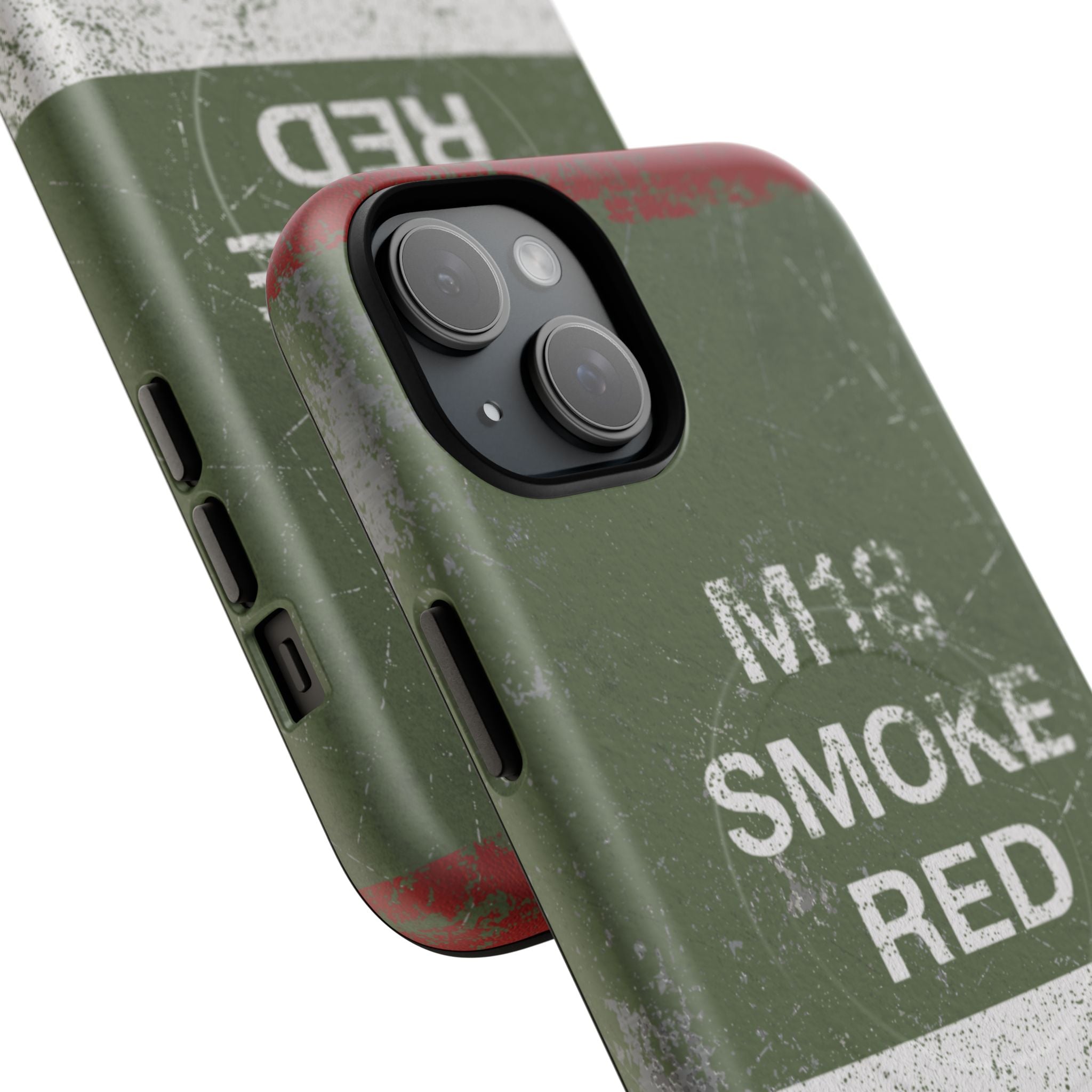 MagSafe® Compatible Distressed M18 Smoke Red Magnetic Phone Case — Military Green Weathered Design
