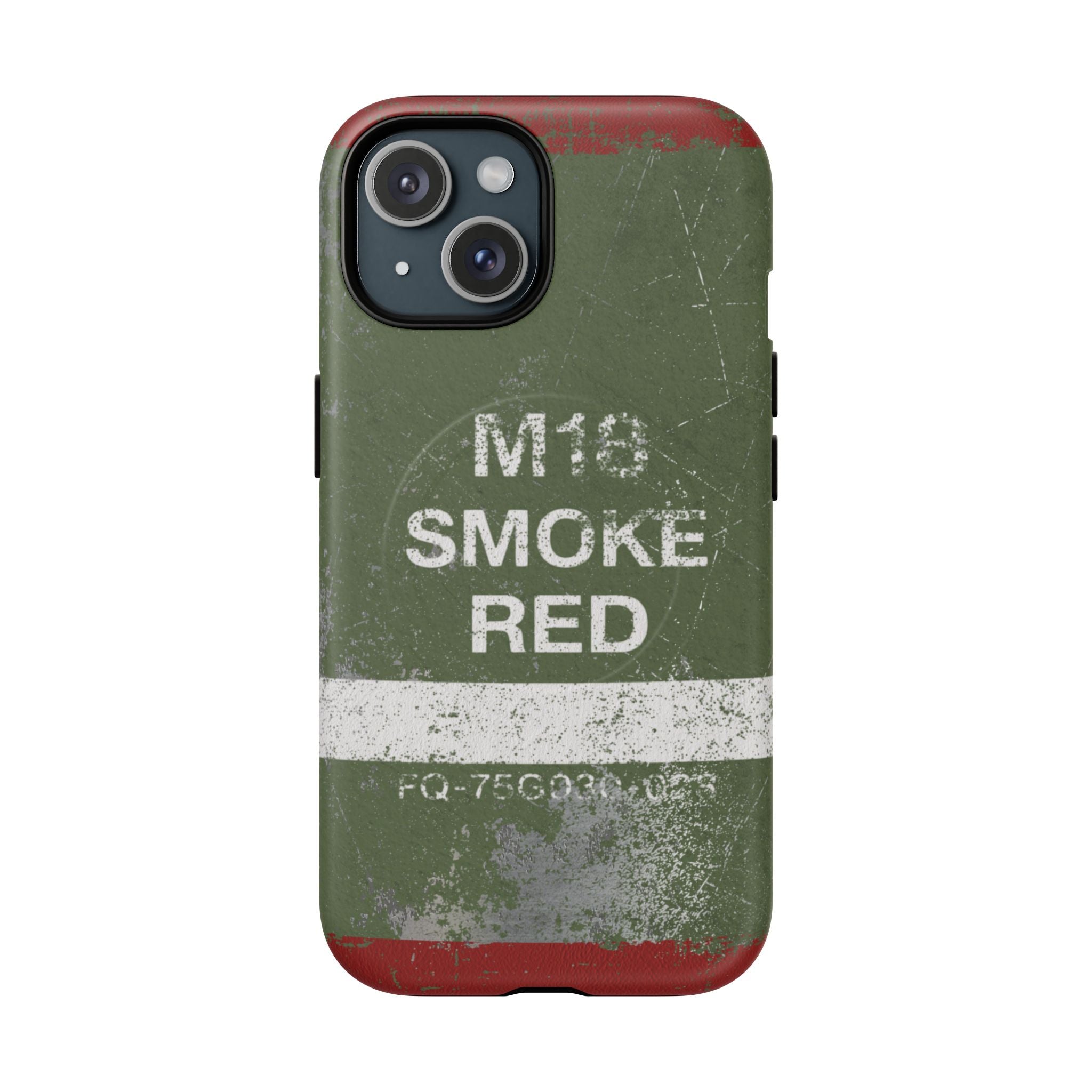 MagSafe® Compatible Distressed M18 Smoke Red Magnetic Phone Case — Military Green Weathered Design