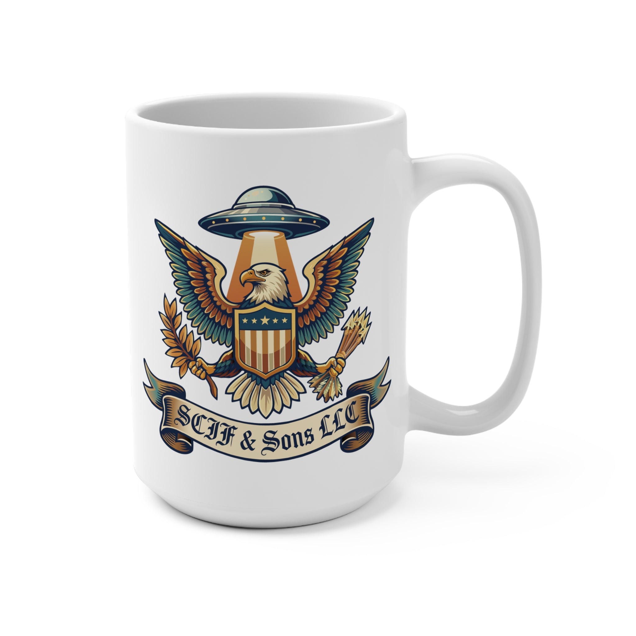 SCIF & Sons LLC Eagle & UFO 15 oz Coffee Mug – Patriotic Military-Inspired Ceramic Cup