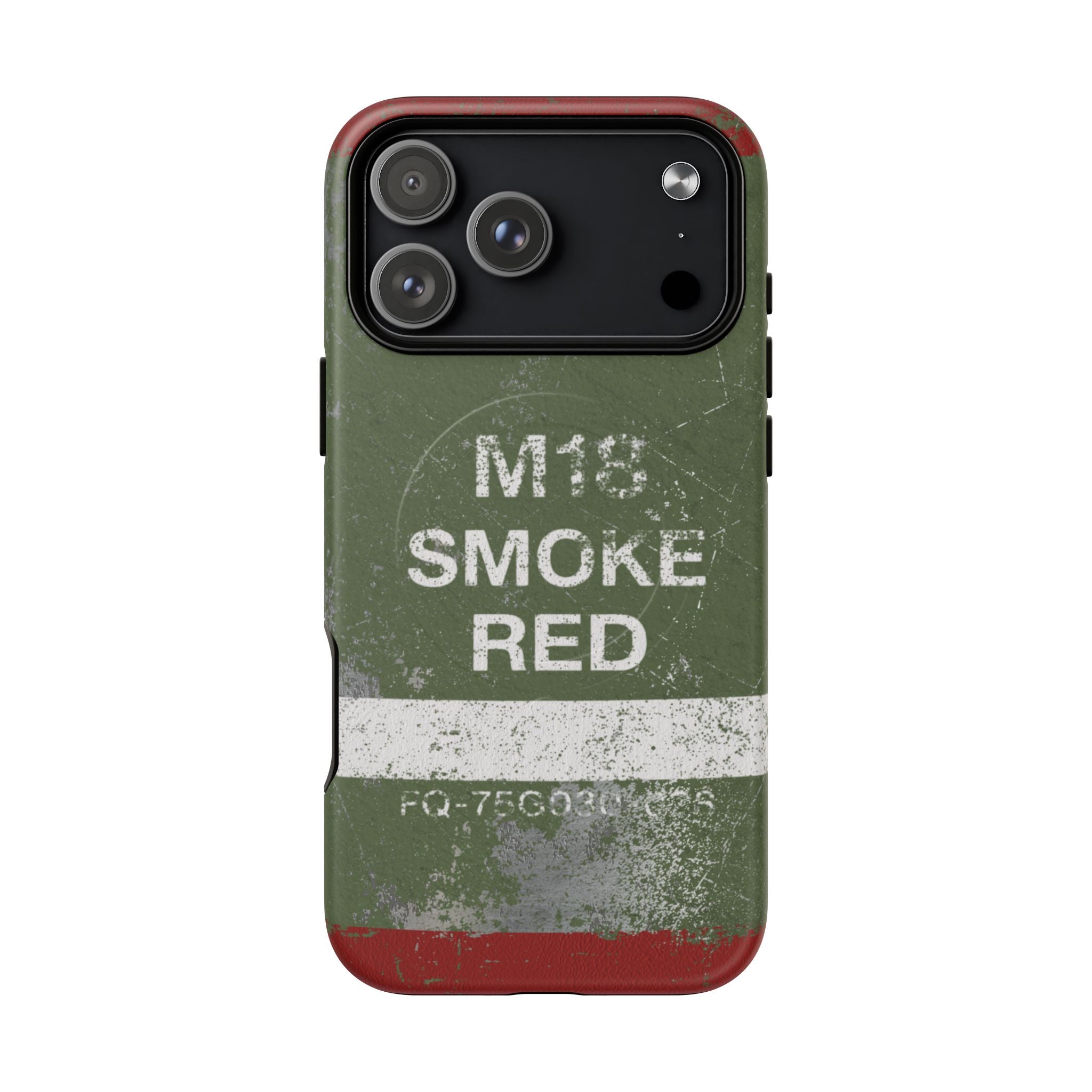 MagSafe® Compatible Distressed M18 Smoke Red Magnetic Phone Case — Military Green Weathered Design